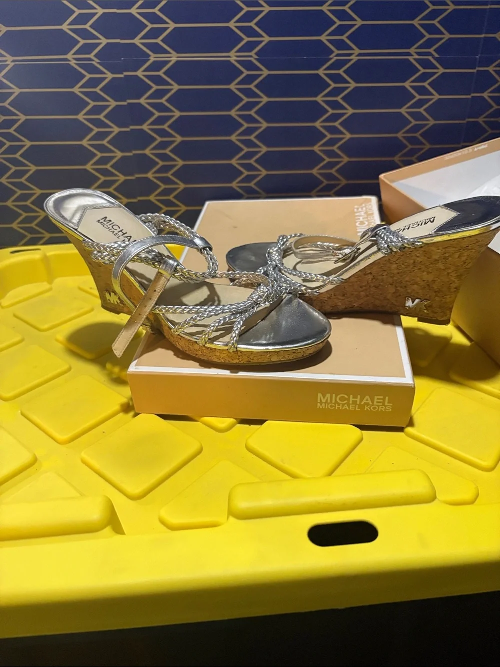 MICHAEL Michael Kors Silver Braided Strap Cork Wedge Sandals